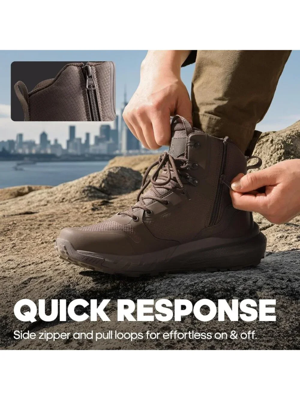 Men's 01-Brown Nylon Tactical Military Boots Side Zipper Work Combat Shoes - Picture 5 of 6
